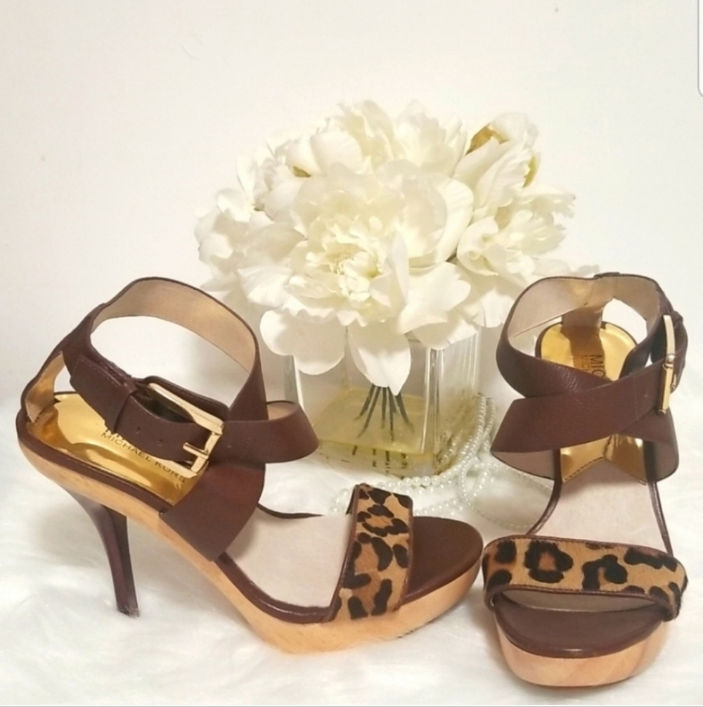 NEW Michael Kors Brown and Leopard Print Haircalf Leather Strappy Platform Heels
